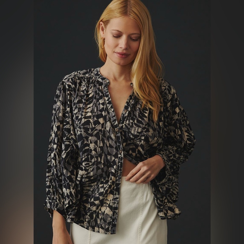 Anthropologie Pilcro Sidney Batwing Black Print Blouse Button Oversized XXSP